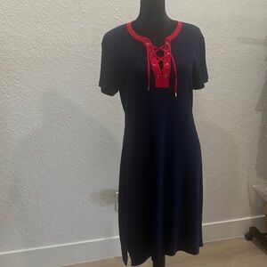 Chaps Navy Blue and Red Trim Dress